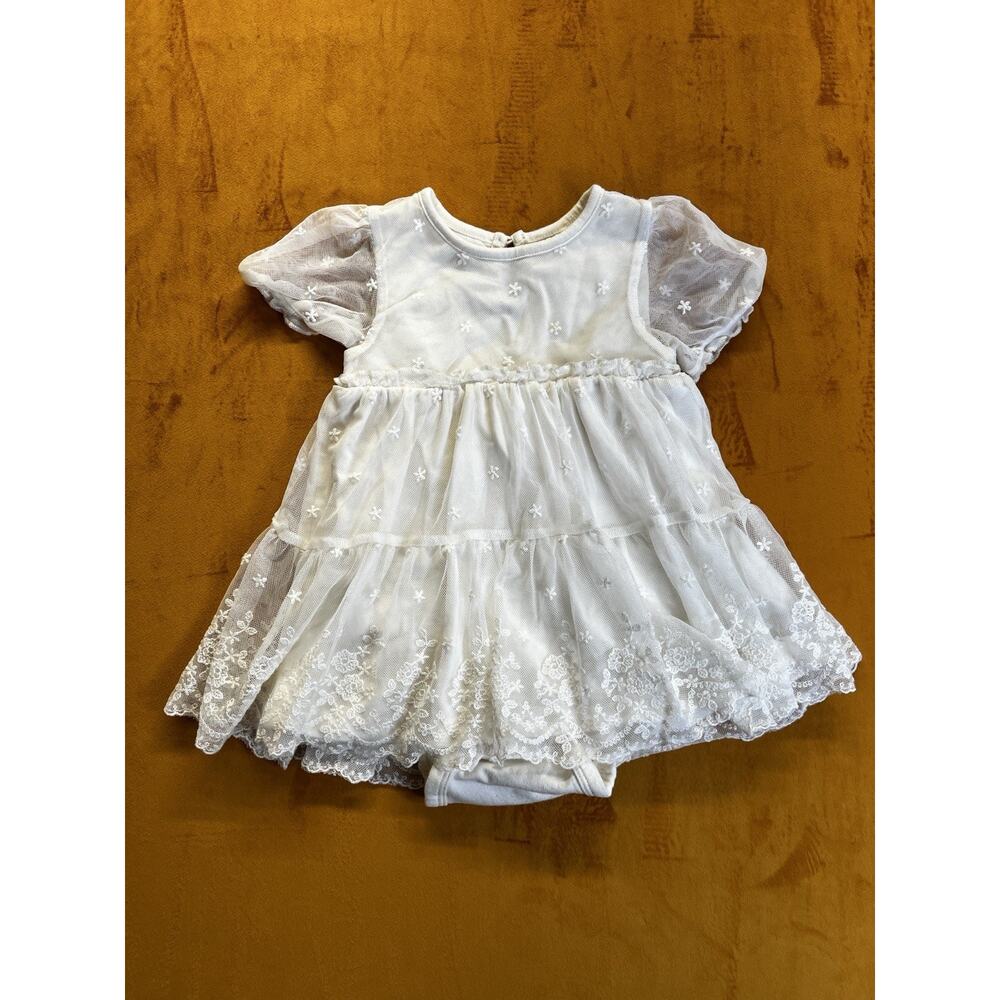 H&M White Floral Tutu Dress Organic Cotton Lace Tulle Short Sleeve 6-9M Snap